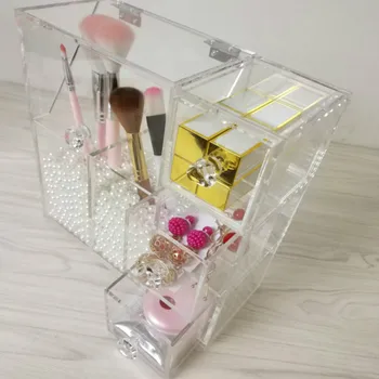 Akryl make-up Štetec Organizátor s 3 Zásuvkami pre Bavlna Podložky/Beauty Blender make-up Úložný Box Kozmetika Organizátor