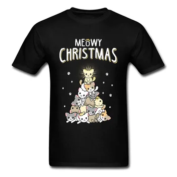 Meowy Catmas T-shirt Kawaii Mens Topy Cartoon T Shirt Vianočný Muž Oblečenie Mačky Vytlačené Tees Čierne Tričko Legrační