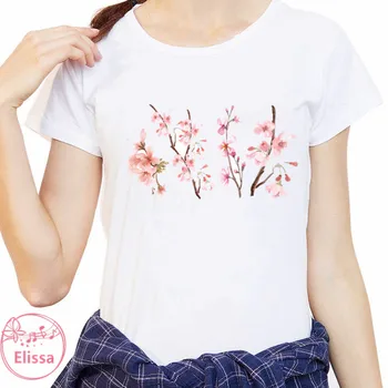 Ružová Cherry Blossom Pobočku T-Shirt Lete roztomilý Ženy t-shirt dievča, Estetické, krásne kvety, umelecké tlače Harajuku Hallyu Žena Topy