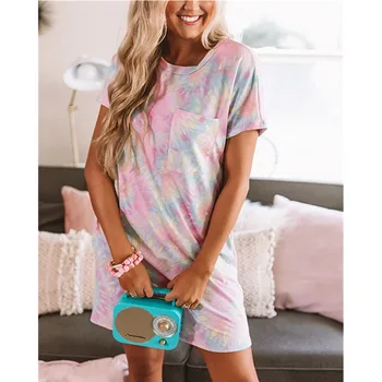 Letné Nové Žien Voľné a Pohodlné Pyžamo, okolo Krku Bežné tie-dye Tlač Dlhé tričko Plus Veľkosť Top Ženy Sexy Topy