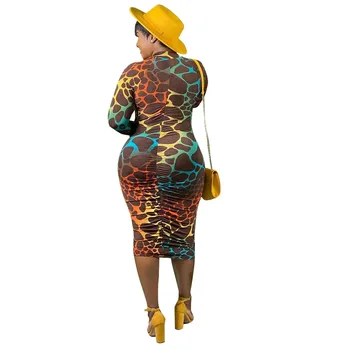 Farebné Leopard Tlač Ženy Sexy Šaty S Dlhým Rukávom Skladaný Šaty Na Zips Až V Krku Bodycon Šaty Jar Streetwear Módy