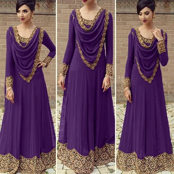 Lugentolo Ženy Šaty Vintage Čipky Plus Veľkosť Saudskej Moslimský Nový Dlhý Rukáv Pevné Farba 5XL Spojov Duté Maxi Princezná Šaty