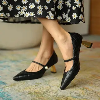 Nové Hepburn Mary Jane Topánky dámske Retro Stredný Náklon Bežné Pearl Topánky Ženy pravej Kože Čerpadlá Elegantný a ušľachtilý
