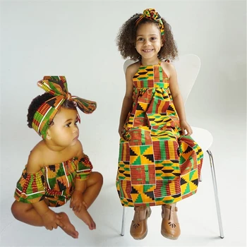 Dievčatá Afriky Oblečenie Detí Bazin Riche Dashiki Roztomilý Módne Šaty Prekladané Vytlačené Remienky pre Dieťa s hlavový most