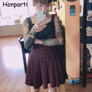 Srdce Tvar Patchwork Jeseň Ženy Kockované Šaty Harajuku Street Punk Vysoký Pás V-krk Mini Šaty Ženské Oblečenie Dievčatá
