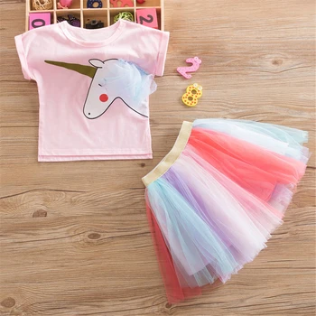Dievčatá Jednorožec Oblečenie Set sa Batoľa Dievčatá Bavlna T-shirts Deti Tylu Rainbow Tutu Sukne Kojenecká Ružová Roztomilý Jednorožec Tričko Pony Oblek