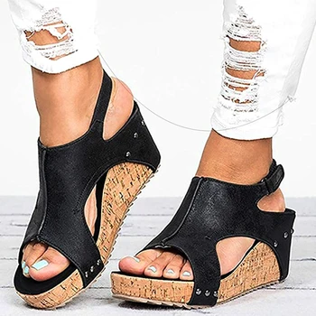 Ženy Sandále 2019 Platformu Sandále Kliny Topánky Pre Ženy Podpätky Sandalias Mujer Letné Topánky Kožené Klinové Podpätky Sandále 35-43