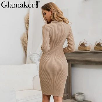 Glamaker Denne bodycon pletené šaty midi dlhý rukáv sveter šaty Slim zimné ženy sexy jeseň šaty vestido de fiesta 2019
