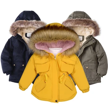 Dieťa Dievča Denim Jacket Plus Teplé Kožušiny Batole detské zimné dievčenské bavlnené čalúnená oblečenie dieťaťa pribrala bavlna vatovaný kabát