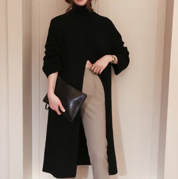 DEAT kórejský jesenné a zimné nové dámske oblečenie prispôsobené vysokým pásom split štýl móda vysoký golier, dlhé šaty