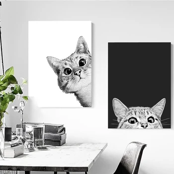 Nordic Čierna a Biela Art Zvierat Plagáty a Vytlačí Roztomilé Mačky Plátno, Maľovanie obrazov na Stenu pre Obývacia Izba Cuadros Domova
