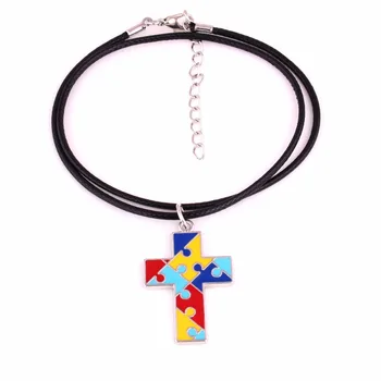 Drop Shipping Autizmus Dúfam, že kríž puzzle Kus náboženské Prívesok s koženými Lano, Reťaz ID náhrdelník Autizmus Povedomia Šperky