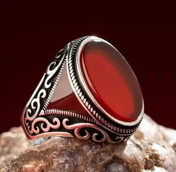 Mincový Striebro Prsteň S Kameňom 925 Pre Mužov Tyrkysové A Červený Achát Kameň, Drahokam, pánske Prstene Handmade - turecký Šperky