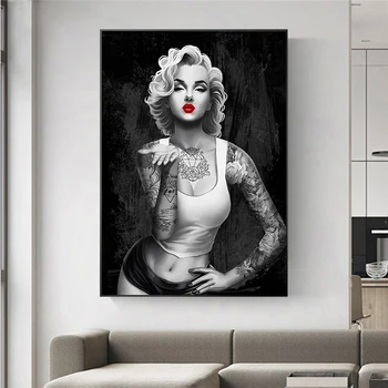 Hip Hop Tetovanie Dievča Wall Art Obraz Black White Marilyn Monroe Umelecké Plátno Maľba Portrét Plagát a Vytlačí Miestnosti Domova