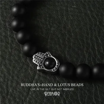 REAMOR Fatimy Strane Prírodného Kameňa Perličiek Náramok Muži Ženy 8 mm Black Onyx Nehrdzavejúcej ocele Buddha Lotus Náramky, Módne Šperky