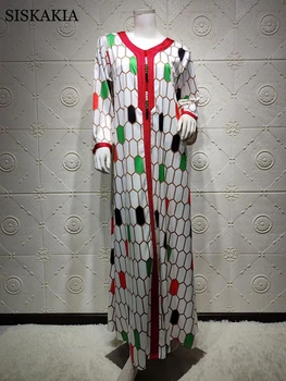 Siskakia Dubaj Jalabiya Módne Pléd, Tlač Maxi Šaty Pre Ženy, Marocký Kaftan Arabské Moslimské Oblečenie 2021 Eid Ramadánu Mubarak