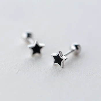 MloveAcc Roztomilý Black Star 925 Sterling Silver Závrtná Náušnice pre Ženy, Dievčatá, Deti, Deti Šperky Orecchini Aros Aretes