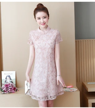 Dámske cheongsam čipky plus veľkosť M-5XL šaty cute XXL XXXL 3XL XXXXL 4XL strana voľné Bežné blúzka čínsky letné šaty oblečenie