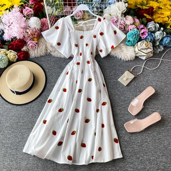 Jahoda Vintage Šaty Off Rameno Šaty Žien Výšivky Lete Prehrabať Lístkového Rukáv Party Šaty 2020 Kórejský Kawaii Elegantné