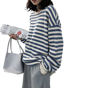 2020 Hong Kong pruhované dámske sweatershirt kórejská verzia voľné a všestranný Harajuku BF lenivý bat rukáv Top dámske