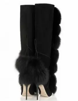 Vysoká kvalita noriek vlasy dekorácie kolená vysoké topánky stiletto päty veľkosť zip kožušiny loptu jeseň zimné čižmy sexy ženy, topánky