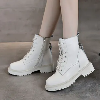 Zvýšenie výšky dámske topánky čierne biele platformu boot pravej kože členok botas zapatos de mujer dámy botines chaussures