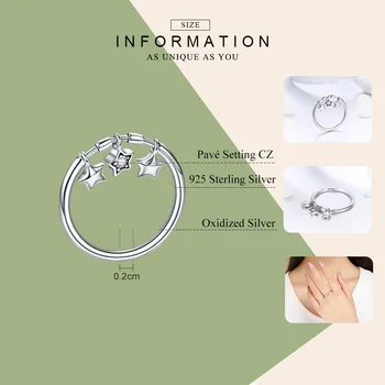 BISAER 925 Sterling Silver Ring Svietiace Hviezdy Visieť Prst Prstene pre Ženy, Svadobné Mincový Striebro Šperky Anel S925 ECR406