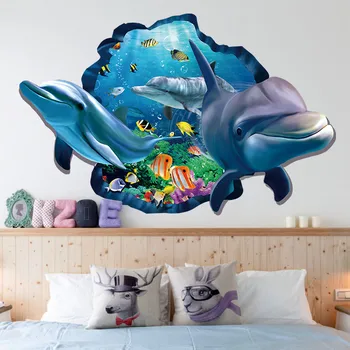 Undewater sea dolphin ryby cez samolepky na stenu pre deti izby dekor 3d efekt zvierat stenu pvc plagát 60*90 cm nástenné art