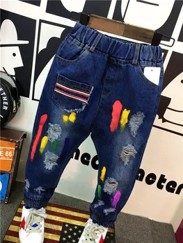 Maľovať graffiti otvor jeans detské džínsy chlapci nohavice bežné nohavice na jar jeseň deti nohavice tmavo modré módne detské oblečenie (B1123