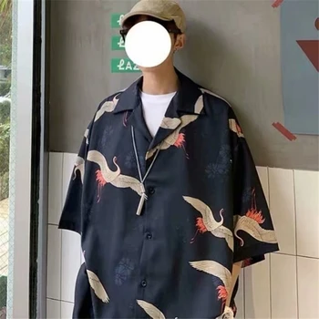 Japonský Módny Samuraj Žeriav Tlač Kimono Mužov Tričko Retro Harajuku Retro Haori Yukata Losse Bežné Tričko Kimono Streetwear