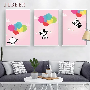 Škandinávsky Plagát Roztomilé Ružové Panda Balón Ozdobné Maľovanie pre Deti Izba Wall Art Plátno, Vytlačí Moderného Domova