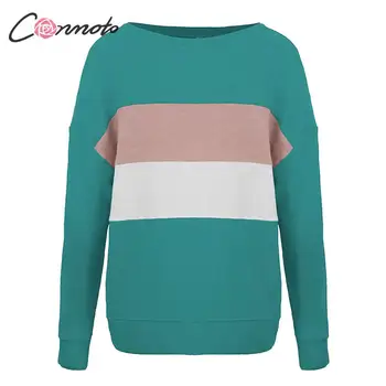 Conmoto Patria Módne Farby Blok Ženy T-Shirt Žena Zimné Dlhý Rukáv Topy Dámske Plus Veľkosť Off Ramenný Voľné T-Shirts