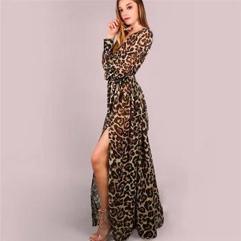 Leopard Dlhé Šaty Ženy Kávu Dlhý Rukáv Šaty 2019 Nová Jar, Jeseň Sexy Split V Krku Slim Šaty Vestidos Feminina CX07