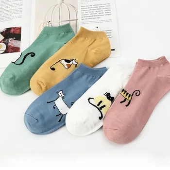 Nový Produkt Dámy Kreslených Mačka Vzor Všetkých-zápas Vysoko-kvalitnej Bavlny Materiál Neviditeľné Ponožky Päť Párov Na Predaj