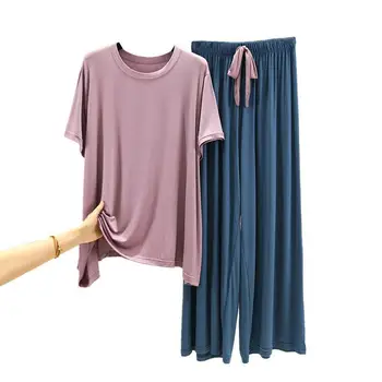 Ženy 2020 Lete Modálne Pyžamo Nastaviť Pohodlie Farbou Žien O-Krku Krátky Rukáv, oblečenie pre voľný čas 2ks Tričko+Nohavice Bežné Vyhovovali L268