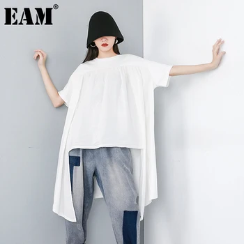 [EAM] Ženy Nepravidelný Späť Dlhé Veľká Veľkosť Biele tričko Nové Kolo Krku Polovicu Rukáv Fashion Príliv Jar Leto 2021 1DD2309