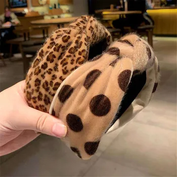 TwinkLei Retro Leopard Umelú Kožušinu Uzol Čelenky pre Ženy Zime Teplé Plyšové Vlasy Hoop Široký Strane Hairband Rámu Vlasy Príslušenstvo