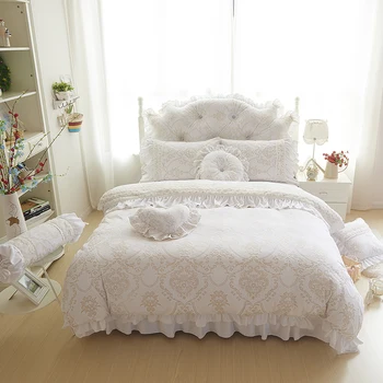 Kórea štýl béžová biela posteľná bielizeň sady 4/9pcs fleece žakárové zime Plné Kráľovná Kráľ perinu+Bedskirt+vankúše dievča posteľ 38