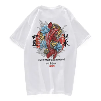 2019 Čínsky Štýl Mužov Hip Hop Nadrozmerná Tshirts Japonsko Streetwear Koi Tlač Krátky Rukáv Tees Shirts Bavlna Topy zadarmo shippin