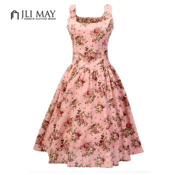 JLI MÔŽE bielizeň kvetinový Tlač 50. Rockabilly Audrey Hepburn vintage Retro Ružové bez Rukávov ženy letné šaty vestidos
