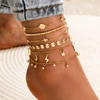 6pcs/nastaviť Módne Kovové Jednoduché Hviezdy, Mesiac Sequin Na Nohu Ponožky Pre Ženy Bohemia Pláž Barefoot Sandále Členok Anklet Nohy Šperky