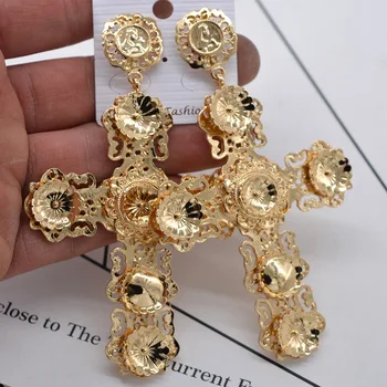 Doprava zadarmo Barokový Šperky, Svadobné Veľký Zlatý Kríž Drop Náušnice Pre Ženy Značky Crystal Pearl Visieť Náušnice