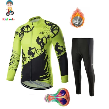 Detský cyklistický dres s dlhým rukávom sady chlapcov a dievčat, zimné thermal fleece teplejšie chlapci a dievča priedušný cyklistický dres jar