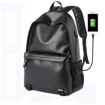 Muži Kožené Batoh USB nabíjanie Anti-theft Bolsas Mochila Veľký Chlapec Aktovka Cestovná Taška Školský Batoh Black Bagpack
