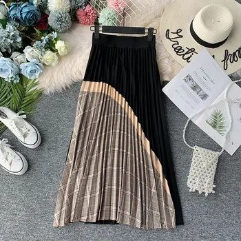 8530-2019 nové zimné retro móda mriežky spojov sukne dlhé kúzlo farieb skladaná sukňa