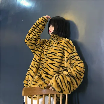 Harajuku Retro Zime Teplé Kabáty Ženy Móda Plyšové Vrecko Na Zips Bundy 2020 Zebra Prekladané Vetrovka Outwear Coats 55454