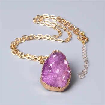 Kovové reťaze liečivú energiu náhrdelník pre ženy Farbené Prírodné crystal agat druzy kryštálov Minerálov, drahých kameň prívesok charm náhrdelník