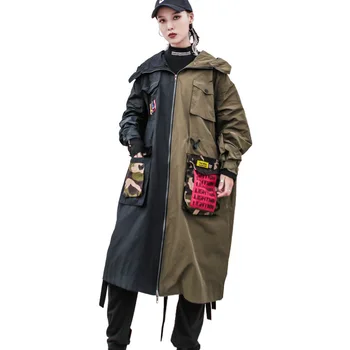 Windbreaker žien strednej dĺžky štýl 2020 jeseň nových spojov kontrast s kapucňou príliv značky vytlačené voľné temperament bunda