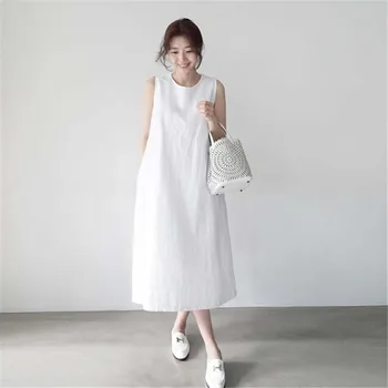 Johnature Nové Kórejčinu Plus Veľkosť Bielizeň Farbou Ženy Šaty 2021 Lete Bežné Jednoduché Vrecká-Line Ženské Šaty