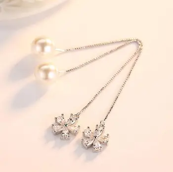 Jednoduché Luxusné 925 Sterling Silver Šperky Pre Ženy Zirconia Ľadový Kvet Prívesok Perla Dlhý Strapec Náušnice S-E531